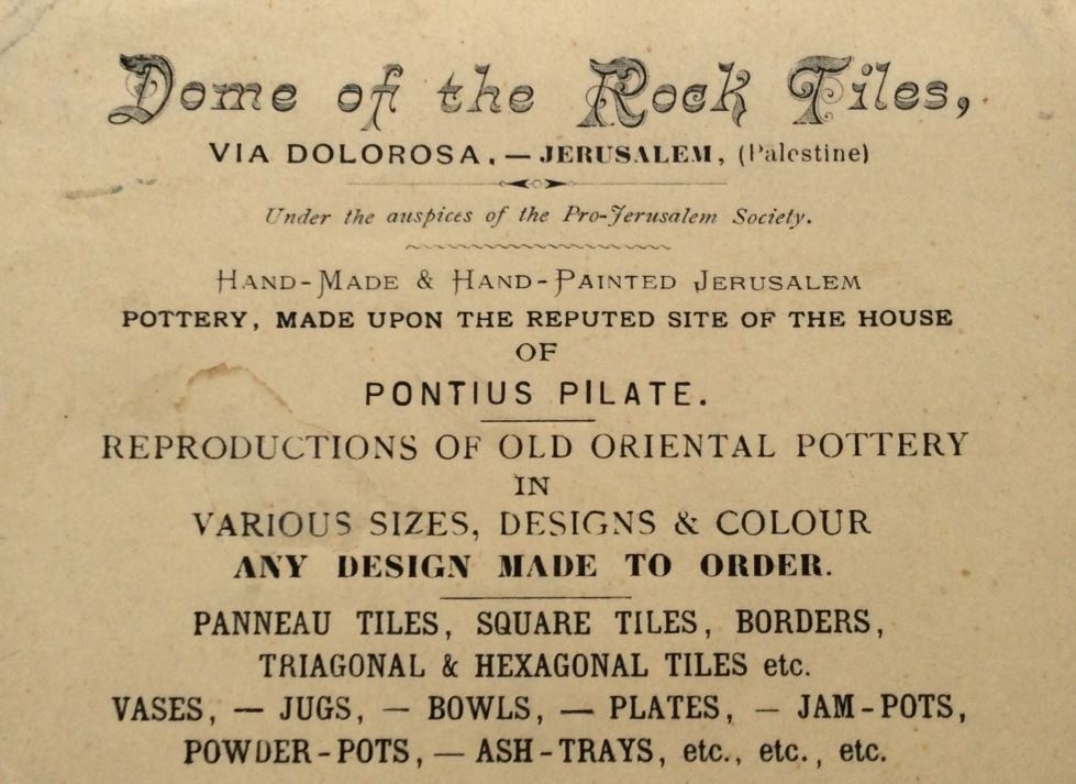 Calling card for Dome of the Rock Tiles Workshop, c. 1925