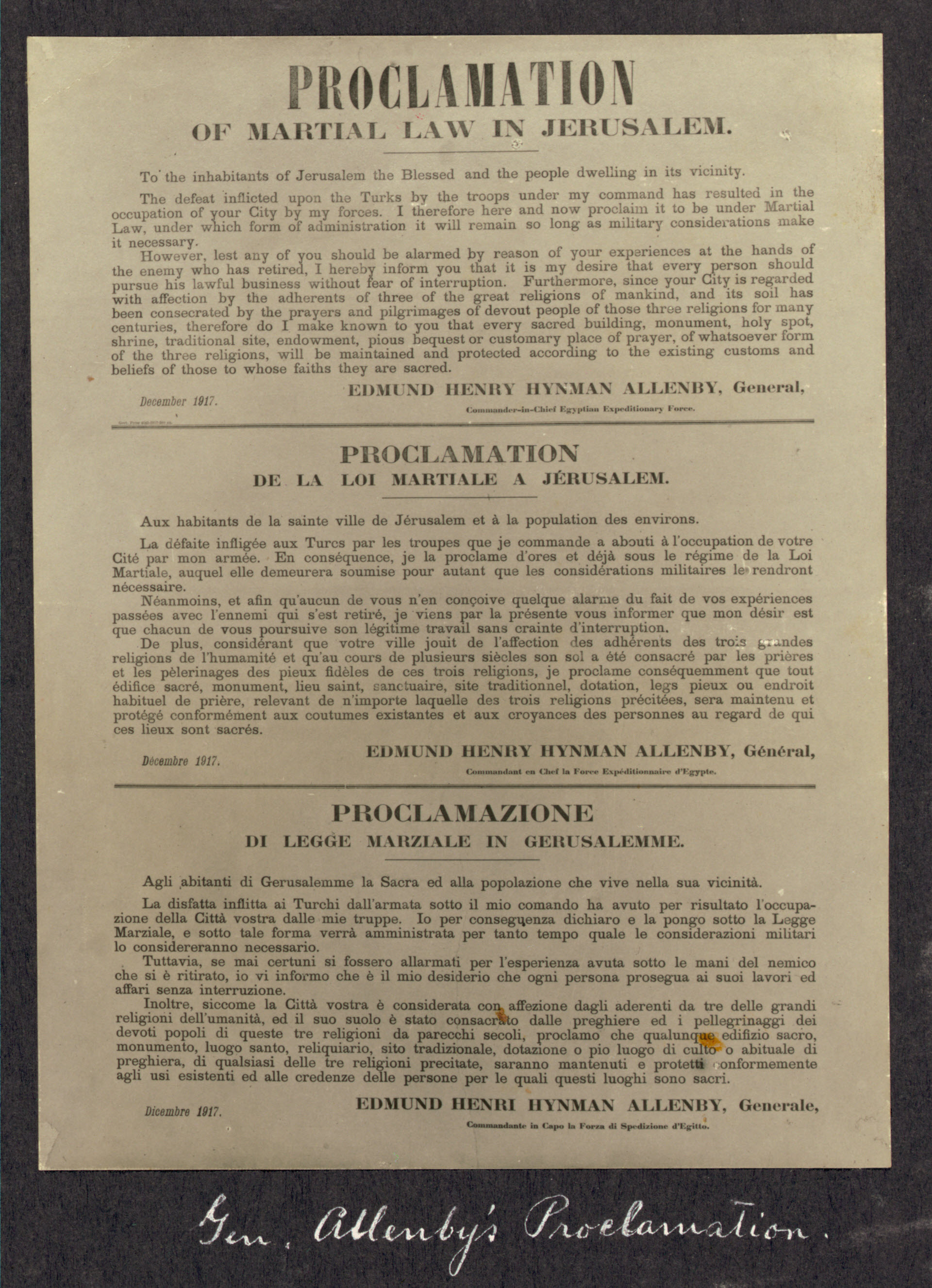 The actual proclamation of martial law as declared by General Allenby on December 11, 1917