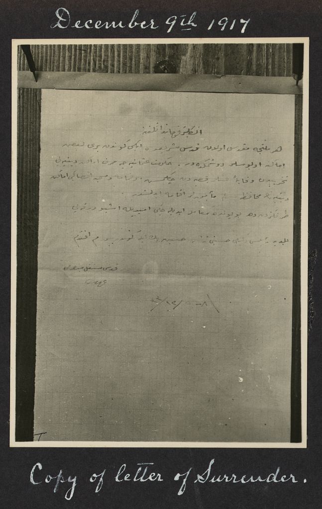 The actual handwritten notice of surrender of the city handed to the occupying British forces