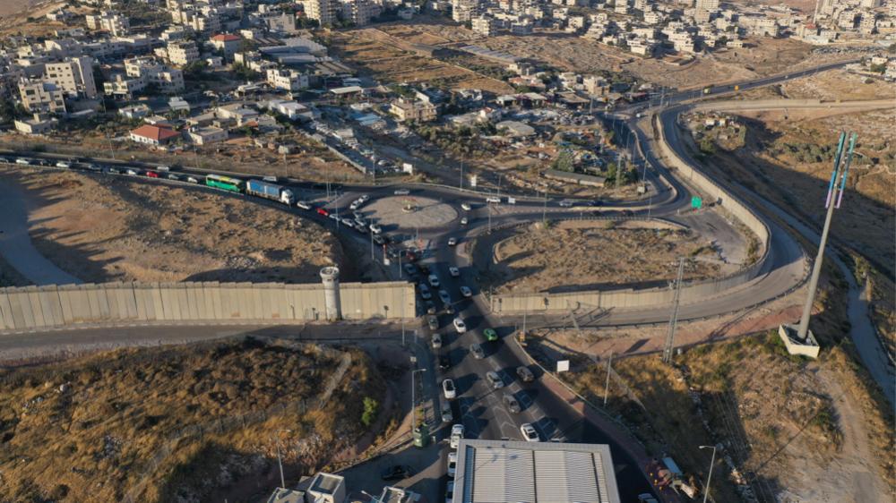 An aerial view of a backed up Hizma checkpoint about 7 kilometers from Jerusalem's Old City