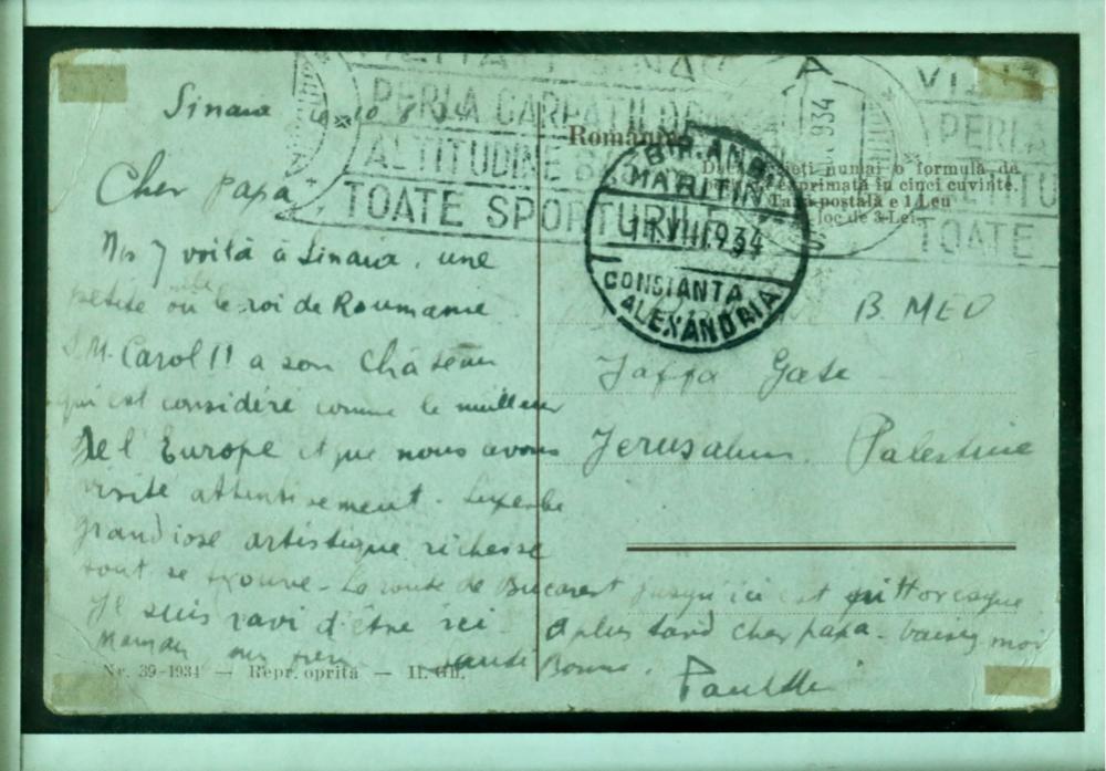 Back of a postcard from Sani Meo's father in Romania, 1934