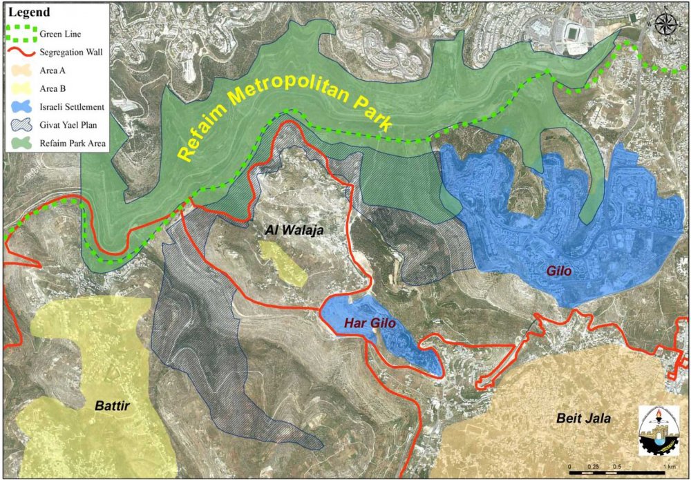 A map showing the placement of the Refaim Stream National Park on the lands of al-Walaja village
