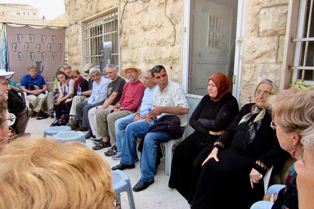 Philip Farah visits the home of Nabil al-Kurd in Sheikh Jarrah, Jerusalem, on the Interfaith Peace Building delegation, 2012.