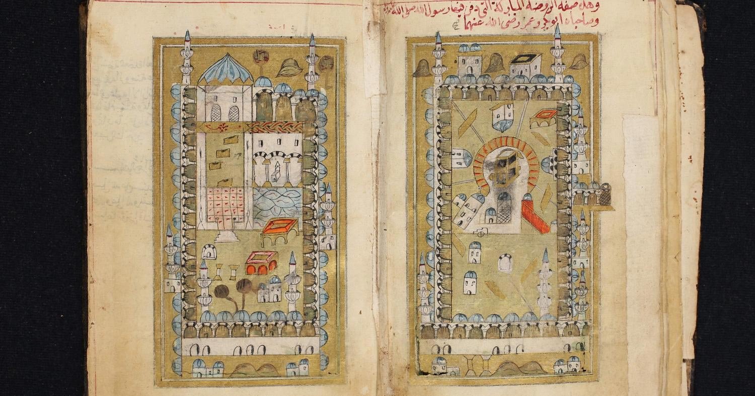 A manuscript from the 18th century, with paintings of Medina and Mecca, from the Issaf Nashashibi Library, Jerusalem